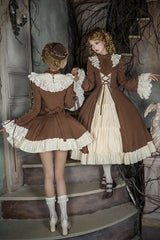 Brown/Beige [Nutcracker] Stand Collar Long Trumpet Sleeves Ruffle Cardigan Bowknot Lace-Up Sweet Lolita Dress Set 2 Versions - Product - 10