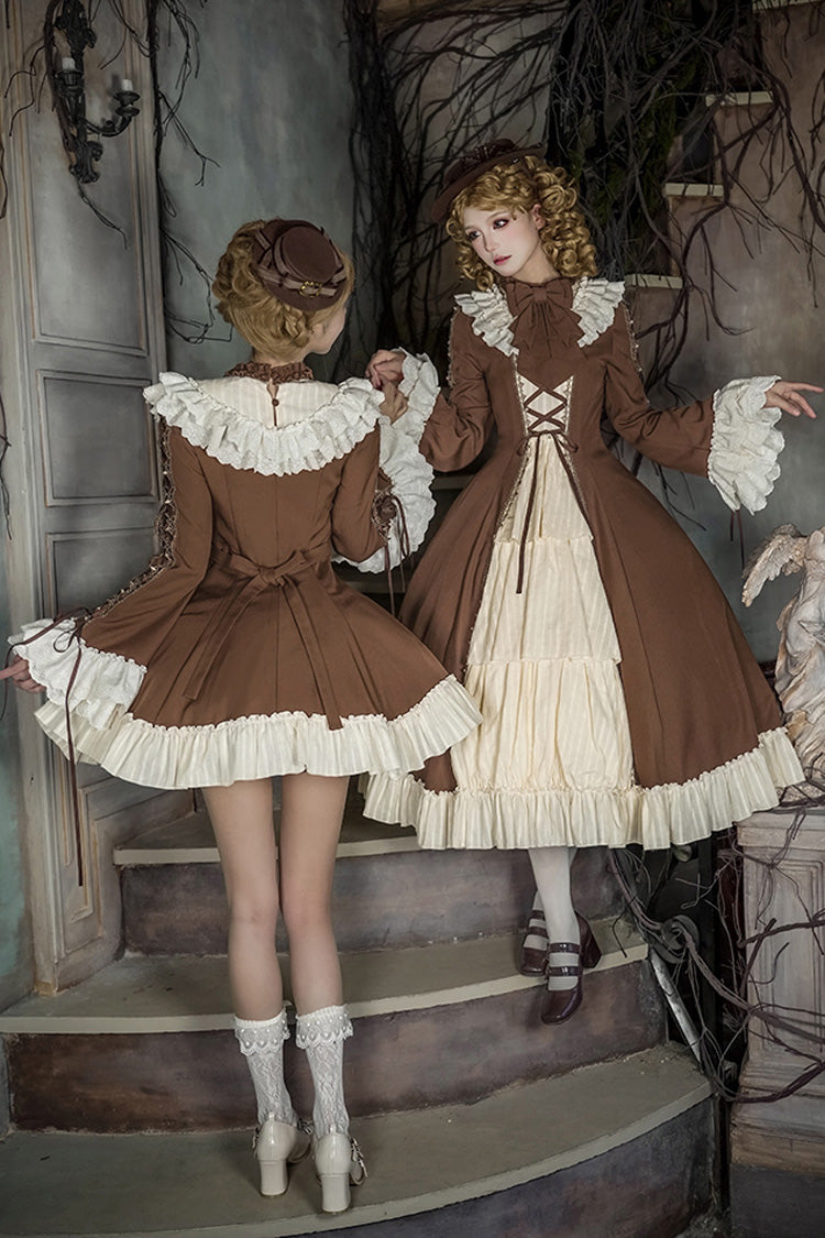 Brown/Beige [Nutcracker] Stand Collar Long Trumpet Sleeves Ruffle Cardigan Bowknot Lace-Up Sweet Lolita Dress Set 2 Versions - Product - 10