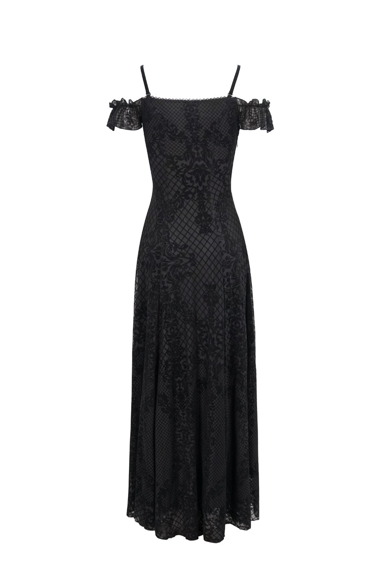 Black Velvet Lace Off Shoulder Ruffled Double Layer Slit Women's Gothic Dresses - Product - 10