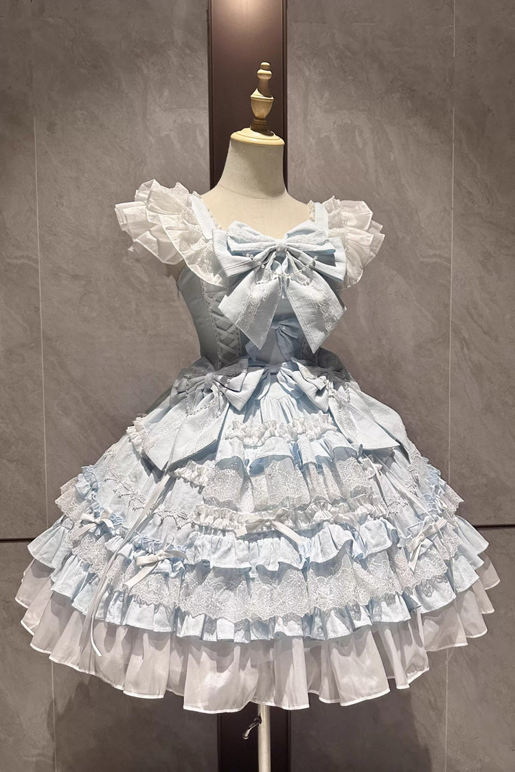 Blue [Snow Top Doll] Sleeveless Multi-Layered Ruffled Bow Lace Princess Sweet Lolita Tiered Dress - Product - 3