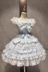 Blue [Snow Top Doll] Sleeveless Multi-Layered Ruffled Bow Lace Princess Sweet Lolita Tiered Dress - Product - 3