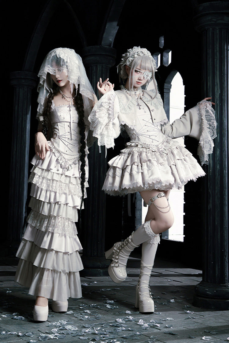 Solid Color [Bionic Doll] Square Collar Multi-Layered Ruffle Bowknot Lace-Up Gothic Lolita Fishtail Skirt Corset Set - Product - 13