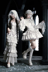 Solid Color [Bionic Doll] Square Collar Multi-Layered Ruffle Bowknot Lace-Up Gothic Lolita Fishtail Skirt Corset Set - Product - 13