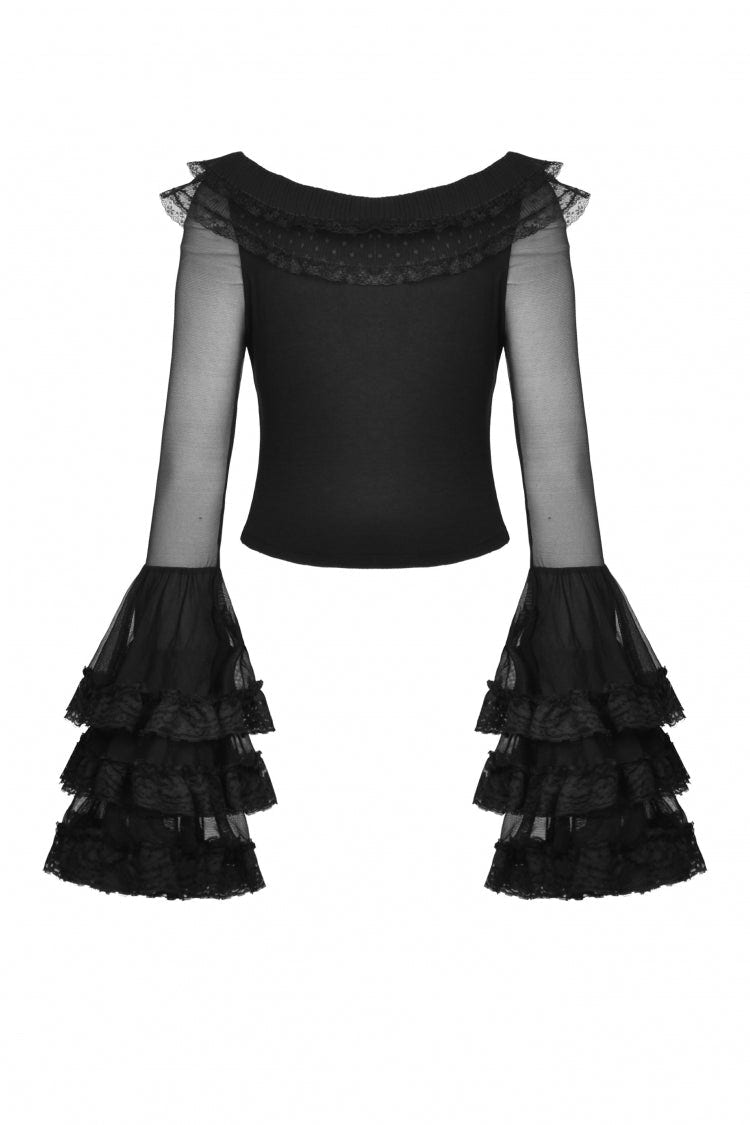 Black Multi-Layered Ruffled Lace Long Trumpet Sleeves Women's Gothic Princess Sexy Top - Product - 12