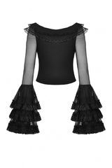 Black Multi-Layered Ruffled Lace Long Trumpet Sleeves Women's Gothic Princess Sexy Top - Product - 12