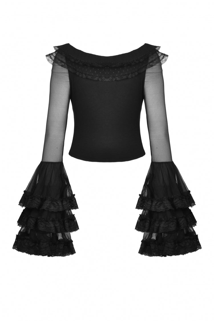 Black Multi-Layered Ruffled Lace Long Trumpet Sleeves Women's Gothic Princess Sexy Top - Product - 12