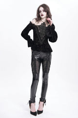 Black Chain Faux Leather Stitching Lace Women's Gothic Pants - Product - 8