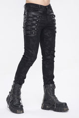 Black Multi Buckle Distressed  Print Men's Punk Pants - Product - 5