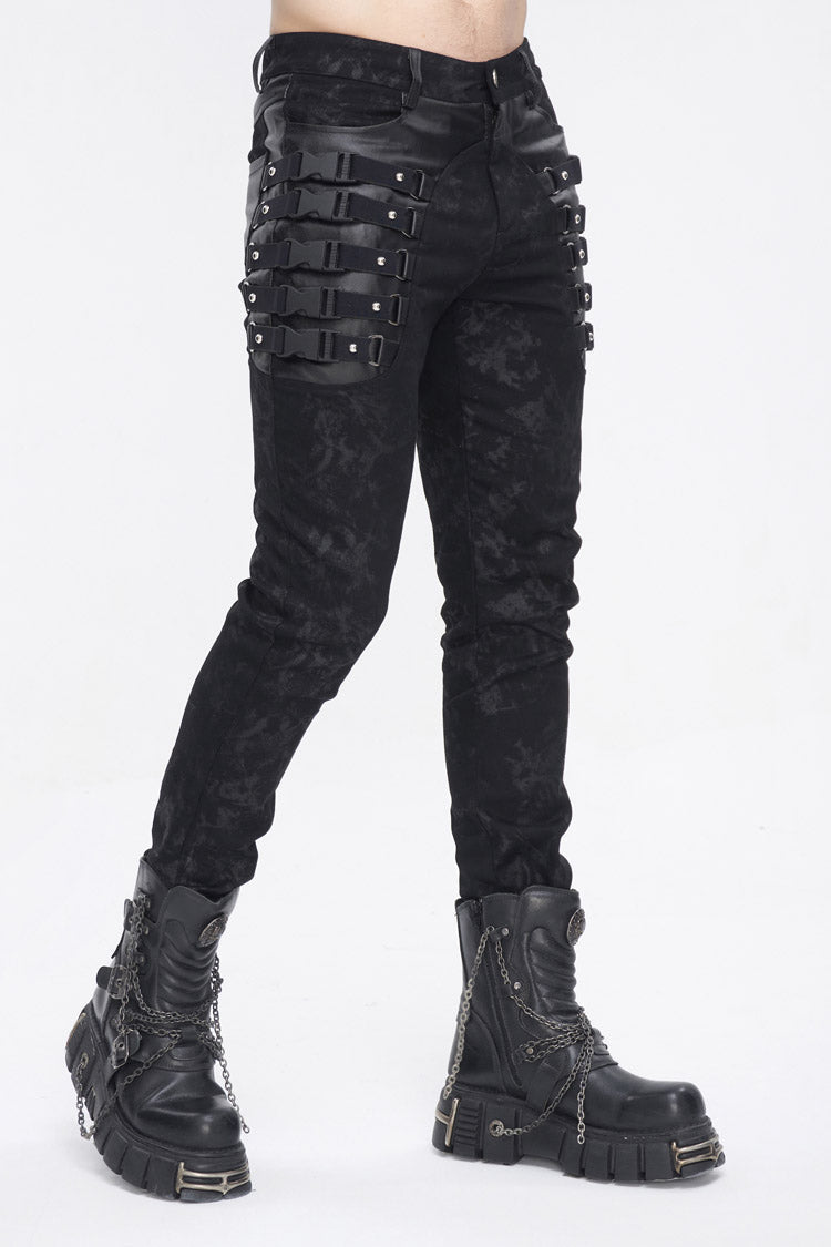 Black Multi Buckle Distressed  Print Men's Punk Pants - Product - 5