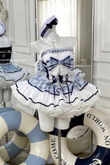 Blue/White [Sailing Love] Navy Collar Sleeveless Plaid Print Ruffle Bowknot Sweet Lolita Dress - Product - 19
