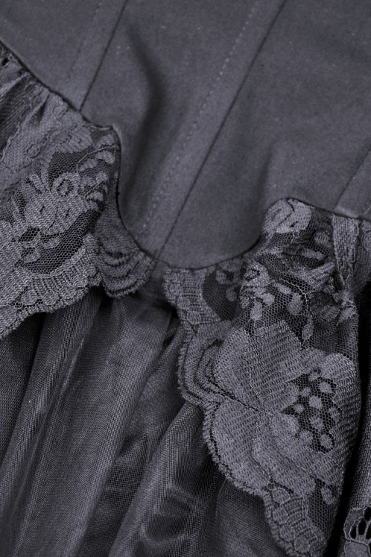 Black Boat Neck Off Shoulder Short Puff Sleeves Ruffled Lace Lace-Up Irregular Women's Gothic Dovetail Dress - Product - 14