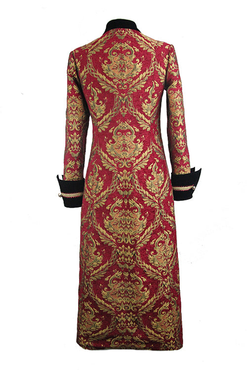 Pirate Style Red And Gold Jacquard Gothic Mens Long Coat - Product - 6