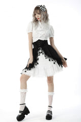 White Short Puff Sleeves Ruffled Neckline Lace Lace-Up Women's Gothic Blouse - Product - 10