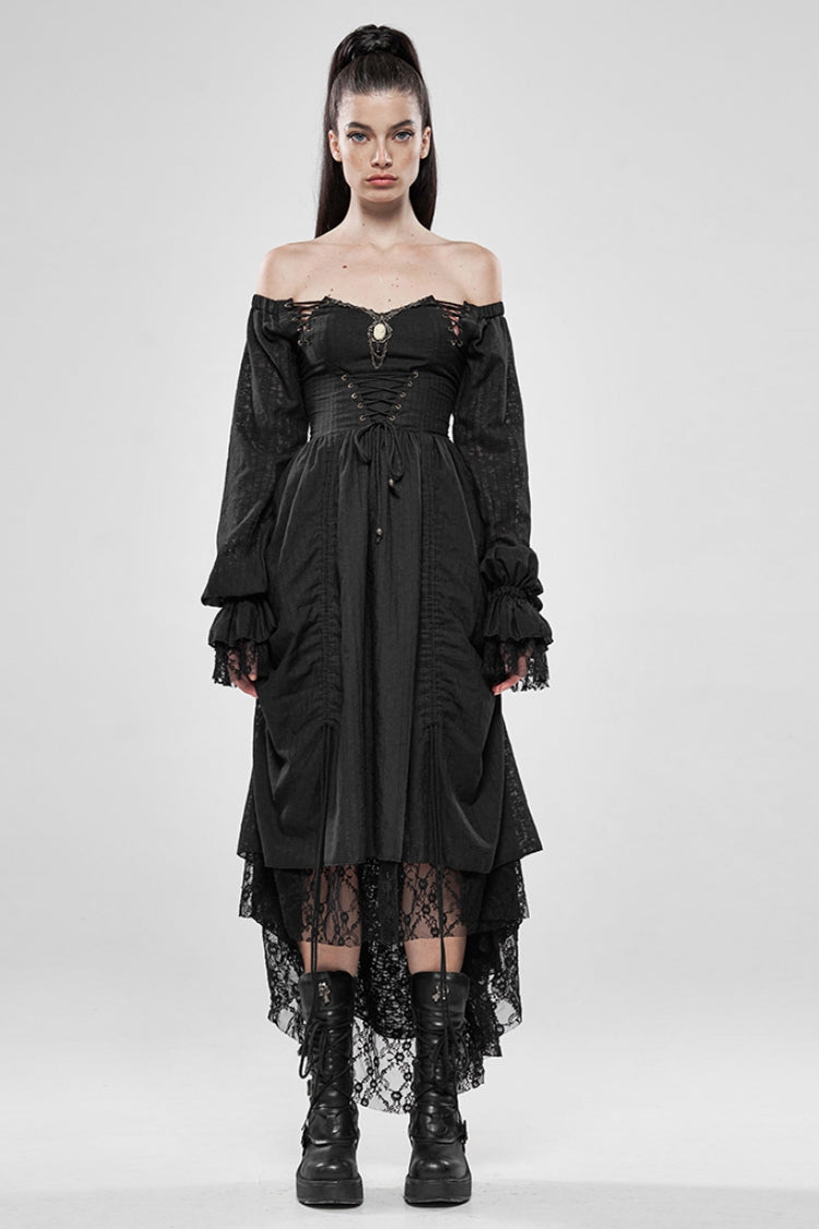 Black Off Shoulder Long Puff Sleeves Ruffle Mesh Women's Gothic Dress - Black - 1