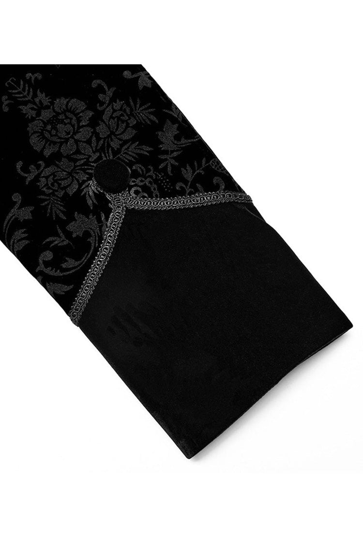Black Punk Weft Velveteen Print Splicing Stand Collar Lacework Decorate Long Men's Coat - Product - 7