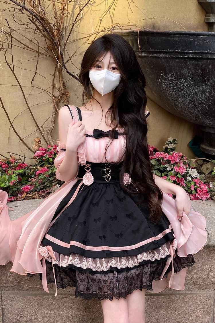 Black/Pink Multi-layer Ruffle Bowknot Sweet Princess Lolita Dress - Product - 8