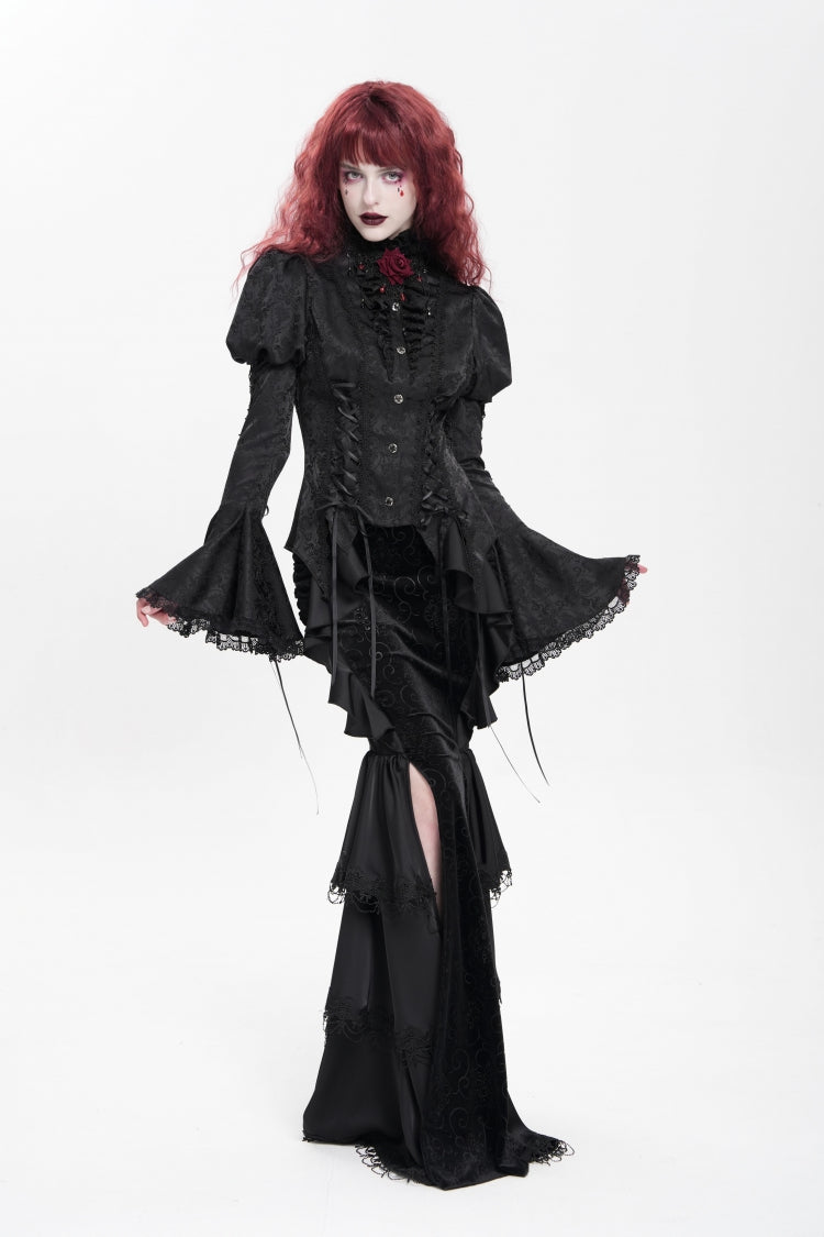 Black Stand Collar Long Puff Sleeves Floral Jacquard Lace-Up Women's Gothic Blouse - Product - 12