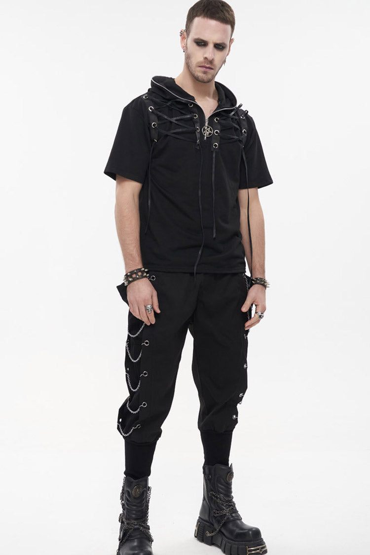 Black Punk Short Sleeve Metal Zipper Lace-Up Knit Loose Casual Hooded Men's T-Shirt - Black - 9