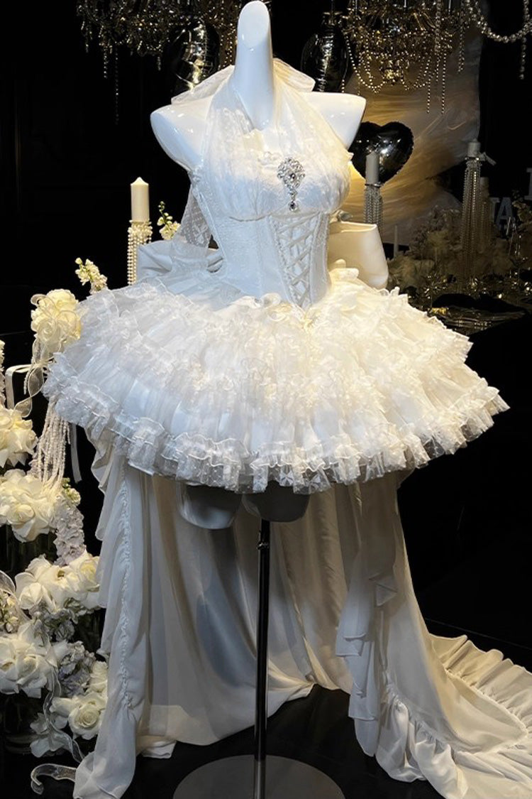 White [Dream] Halterneck Sleeveless Triple-Layered Ruffle Hanayome Lace Lace-Up Sweet Princess Lolita Dress - Product - 6