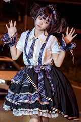 Multi-layer Print Ruffle Bowknot Sweet Lolita Skirt Set 3 Colors - Purple - 6