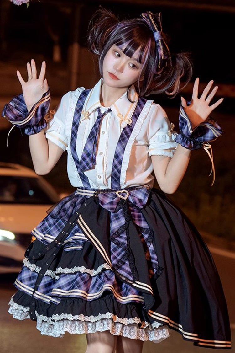 Multi-layer Print Ruffle Bowknot Sweet Lolita Skirt Set 3 Colors - Purple - 6