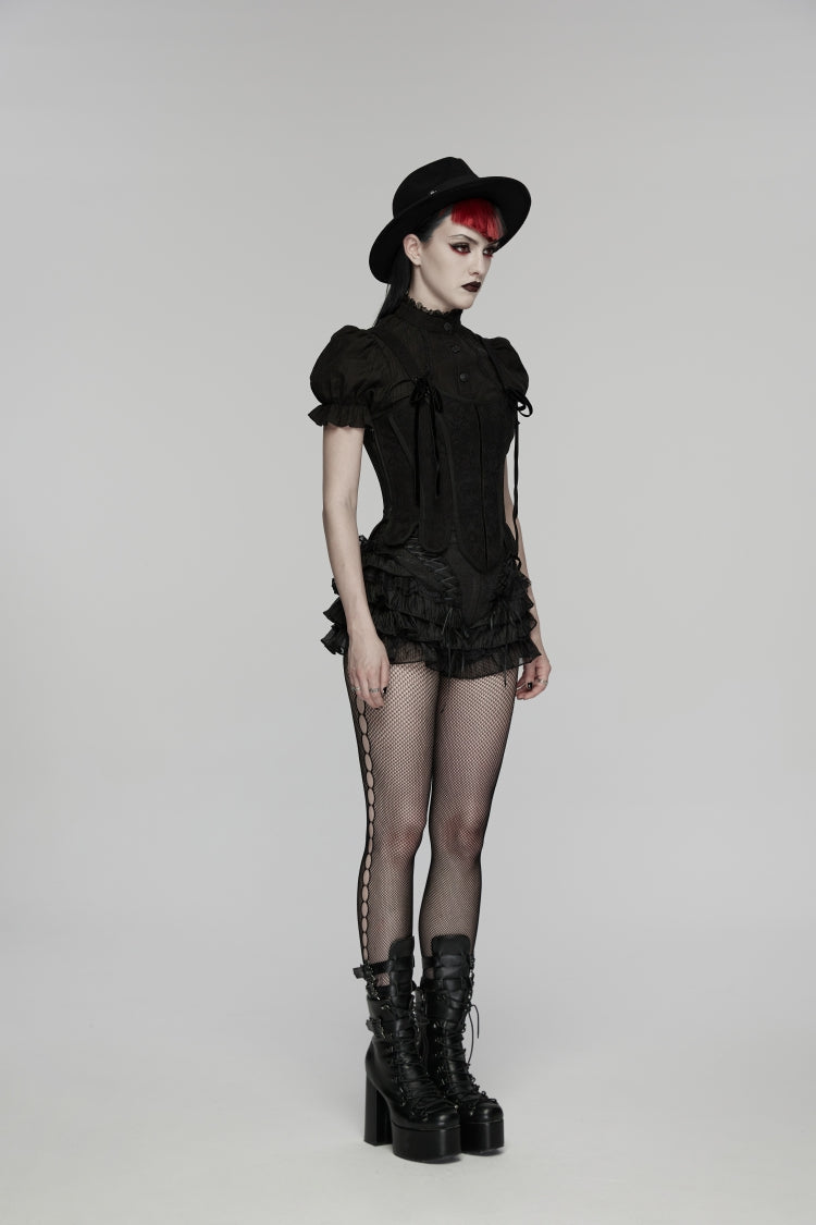 Black Multi-Layered Embroidered Lace Lace-Up Pleated Women's Gothic Shorts - Product - 3