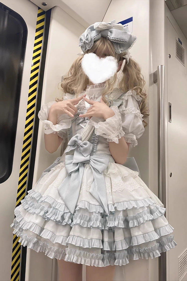 White/Light Blue Multi-layer Ruffle Bowknot Sweet Princess Lolita Jsk Dress (Includes Blouse) - Product - 3