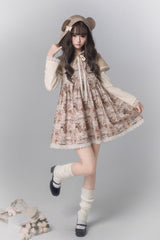 Brown [Bear Stamp] Long Sleeves Printed Hooded Sweet Lolita Dress - Product - 2