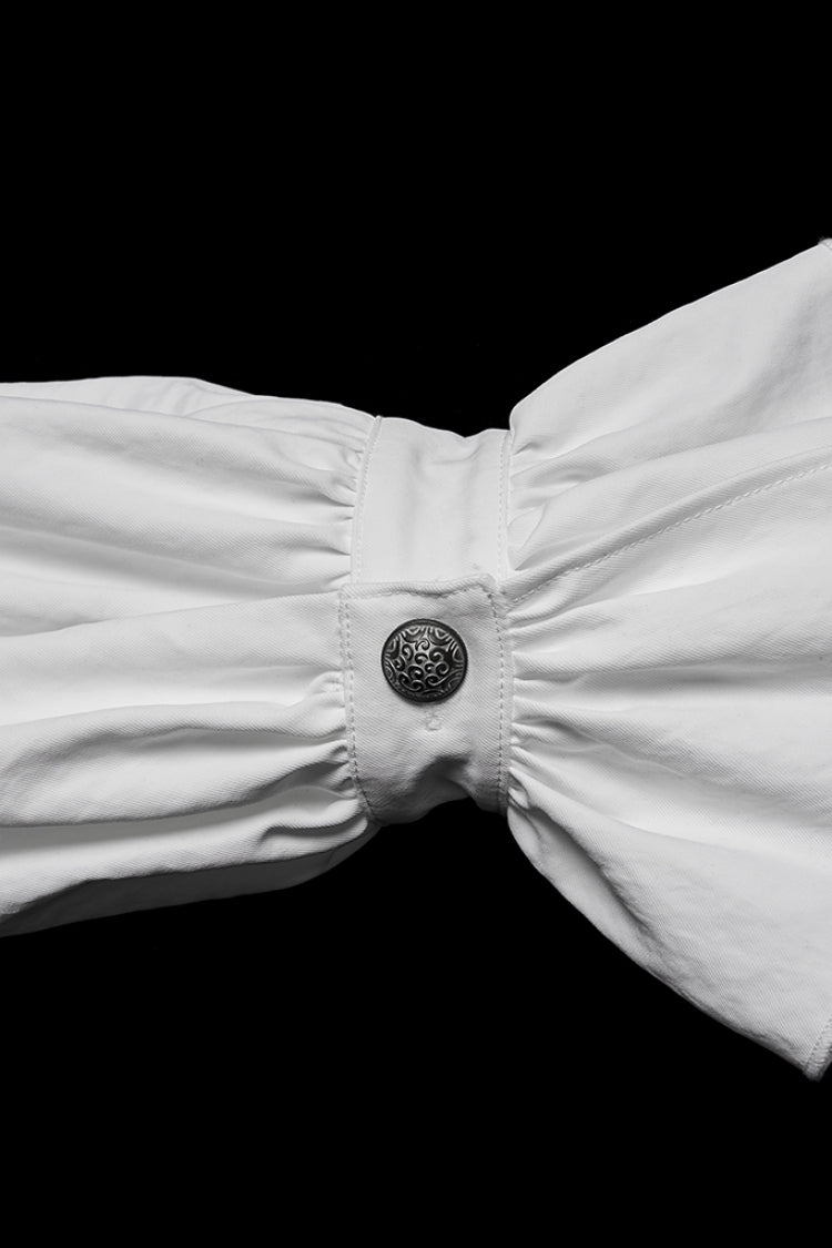 White Stand Collar Long Sleeves Ruffle Embroidery Pleated Men's Gothic Blouse - Product - 8