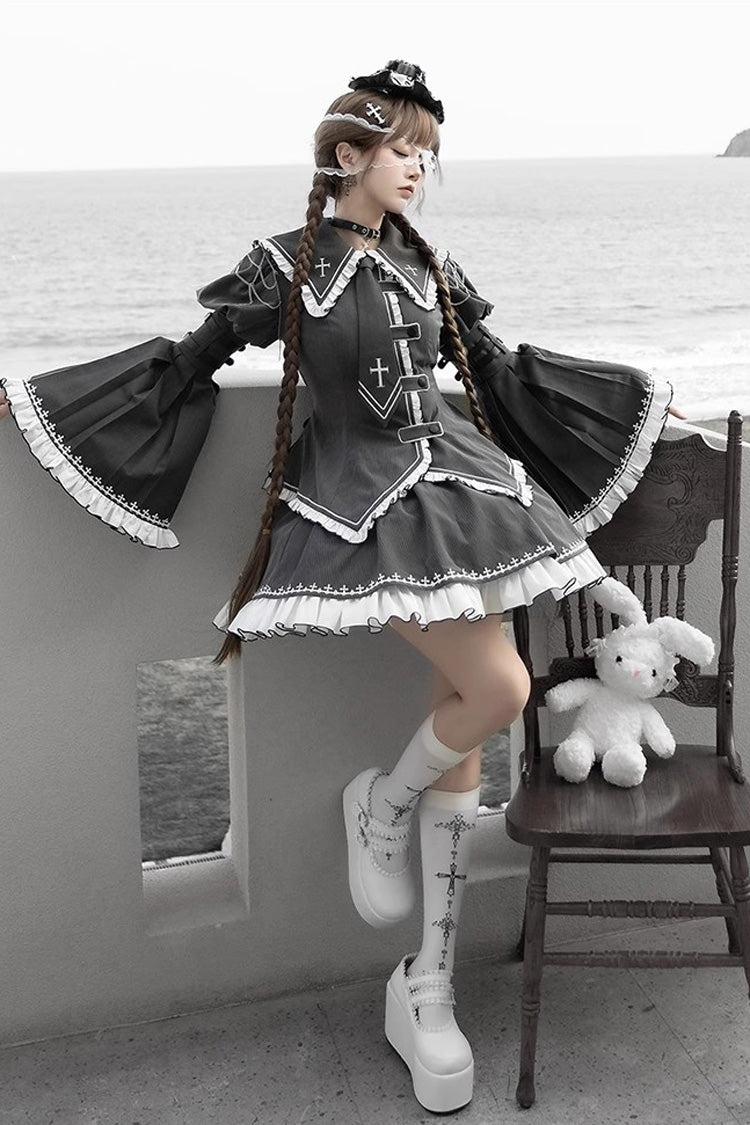 Grey Long Hime Sleeves Ruffle Embroidery Buckle Gothic Japanese Lolita Skirt Set - Product - 5