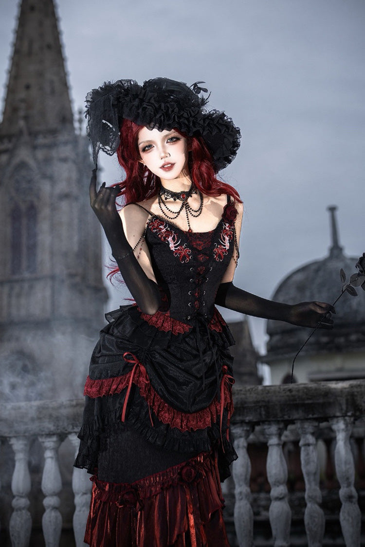 Black/Red [Rotten Bone Flower] Sleeveless Ruffled Embroidered Lace-Up Gothic Lolita Skirt Dress Set - Product - 7