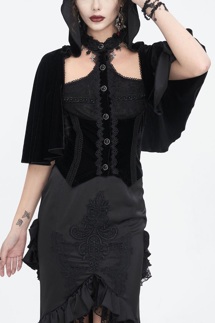 Black Stitching Lace Hooded Women's Gothic Cloak - Black - 1