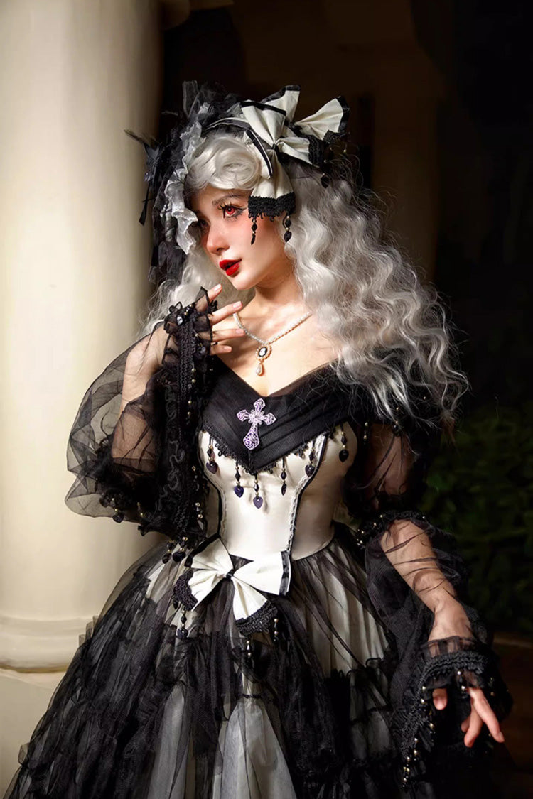 Black/White Ruffle Hanayome Lace Lace-Up Gothic Plus Size Lolita Jsk Dress (Long Version) - Product - 10