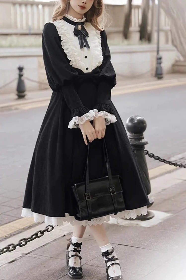 Black/White Silent Poetry Nun Long Sleeves Bowknot Autumn Winter Gothic Lolita Dress - Black/White - 1