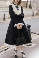 Black/White Silent Poetry Nun Long Sleeves Bowknot Autumn Winter Gothic Lolita Dress - Black/White - 1
