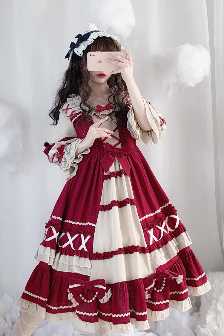 Wine Red Bowknot Long Sleeves Ruffle Sweet Lolita Op Dress - Product - 2