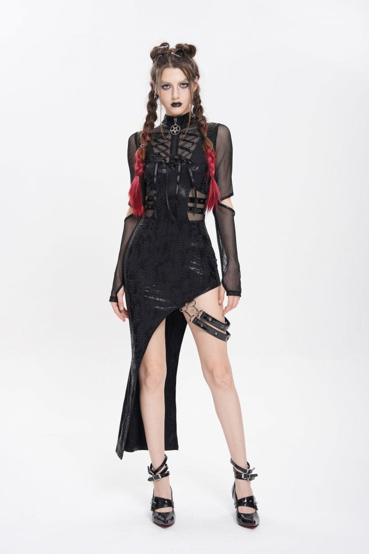 Black Stand Collar Long Sleeves Stitching Lace-Up Mesh Women's Punk Dress with Detachable Strap - Product - 6