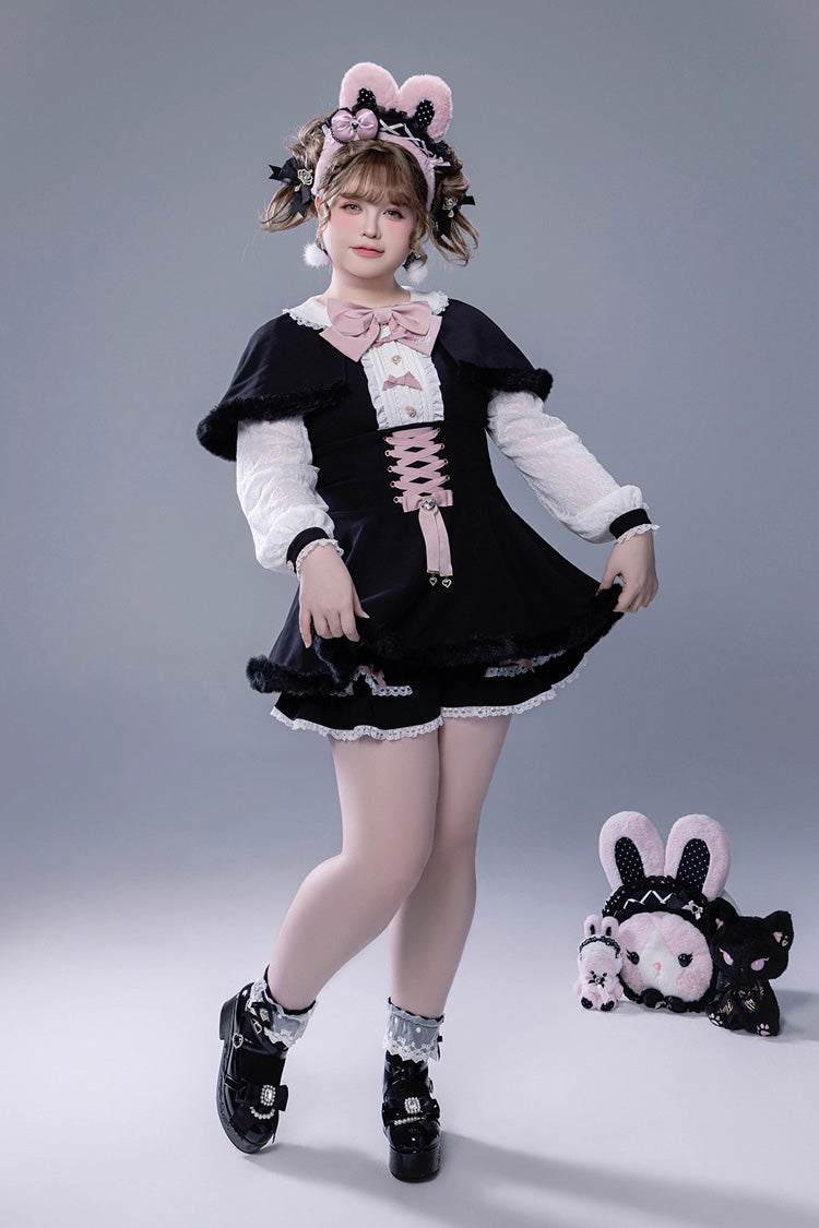 ブラック 長袖 フリル リボン レースアップ 和風 地雷系 ワンピース ショートパンツ Plush セット 商品画像