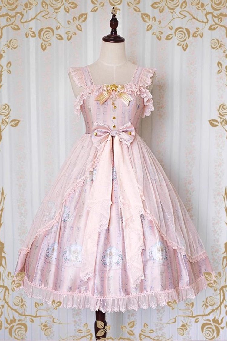 [Angel's Hymn] Print Ruffle Bowknot Sweet Lolita Jsk Dress 2 Colors - Pink - 3
