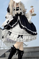 Black/White Ruffled Long Sleeves Detachable Trumpet Sleeves High Waisted Sweet Lolita OP Dress - Black/White - 1