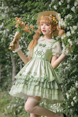 Green Multi-layer Print Ruffle Bowknot Country Style Sweet Lolita Jsk Dress (With Apron) - Product - 3