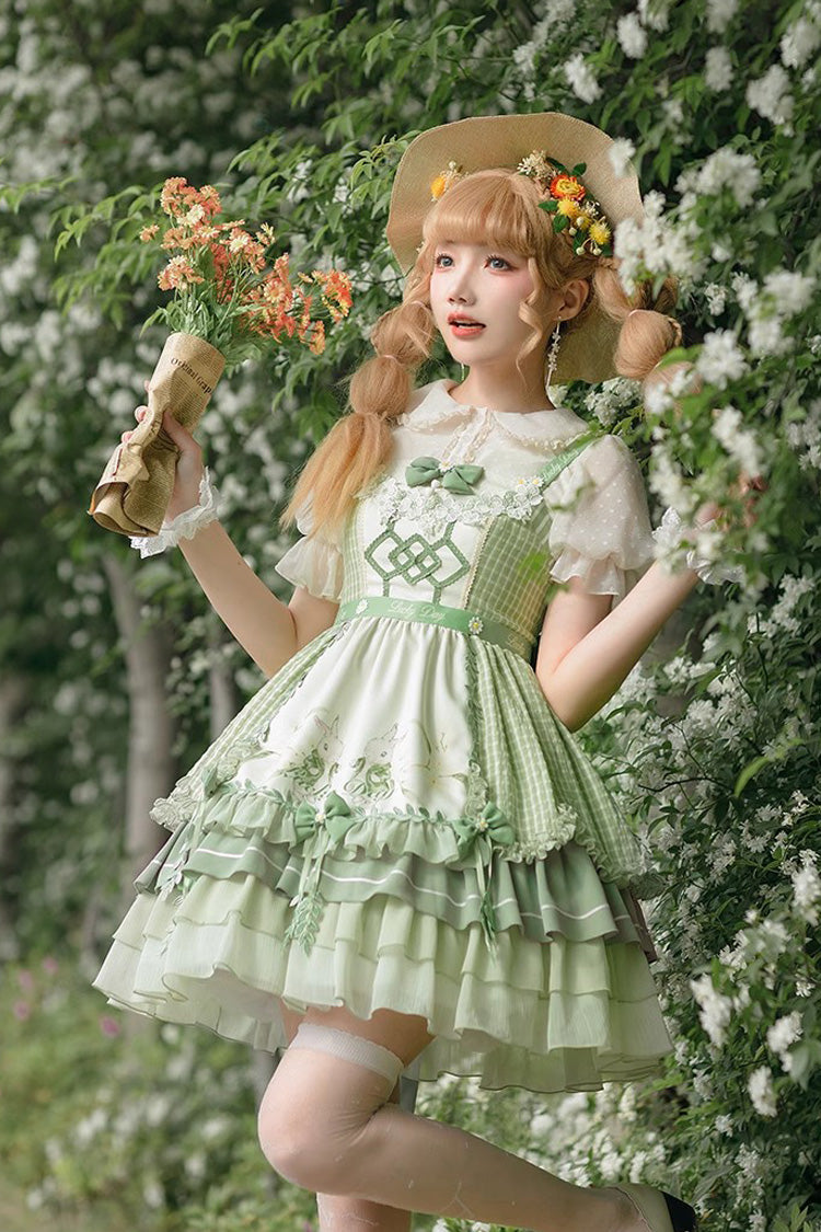 Green Multi-layer Print Ruffle Bowknot Country Style Sweet Lolita Jsk Dress (With Apron) - Product - 3