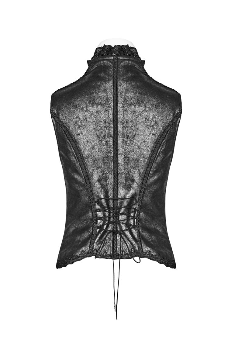 Black Back Waist Lace Up High Collar Front Metal Rivet Chest Hollow-Out Women's Punk Floral Vest - Product - 7