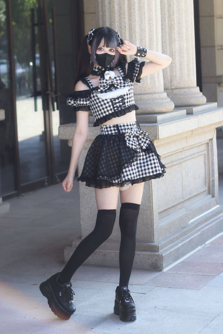 [Night Rabbit Dream] Short Sleeves Plaid Printed Ruffled Open-Front Bow Lace-Up Sweet Jirai Kei Japanese Skirt Set - Product - 13