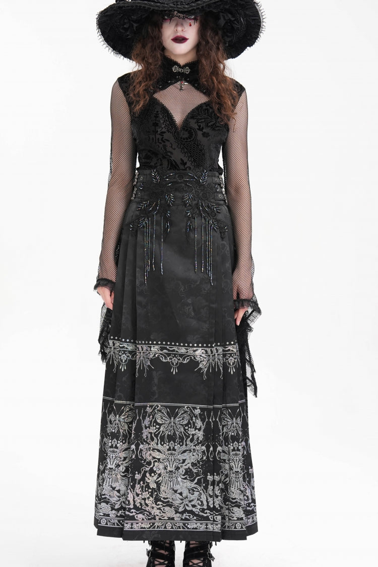 Black Print Embroidery Women's Gothic Crochet Tassels Bucket-up Long Skirt - Black - 1