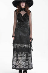 Black Print Embroidery Women's Gothic Crochet Tassels Bucket-up Long Skirt - Black - 1