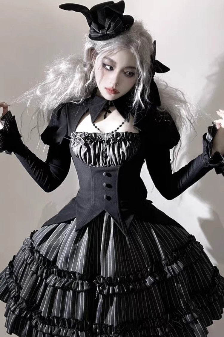 Black [Duke of the Trap Rabbit] Long Sleeves Stripe Print Ruffle Bowknot Lace Gothic Lolita Dress - Product - 4