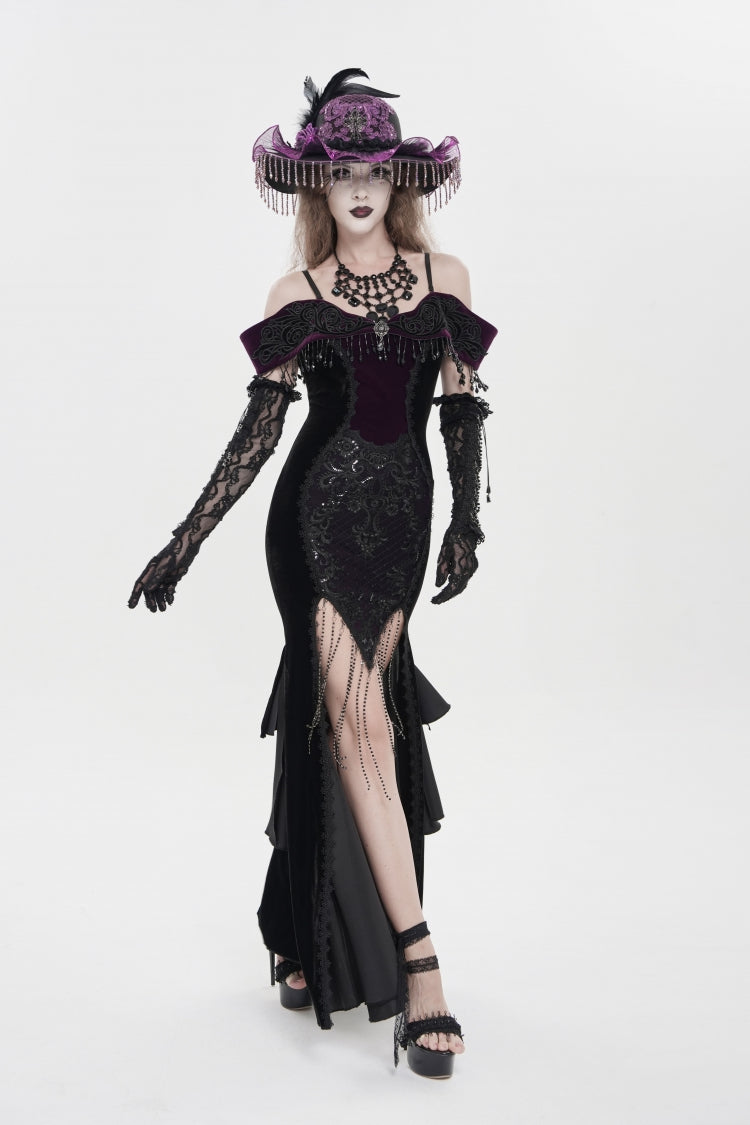 Black/Purple Off Shoulder Sleeveless Embroidered Lace Slim Women's Gothic Gorgeous Strapless Dress - Product - 10