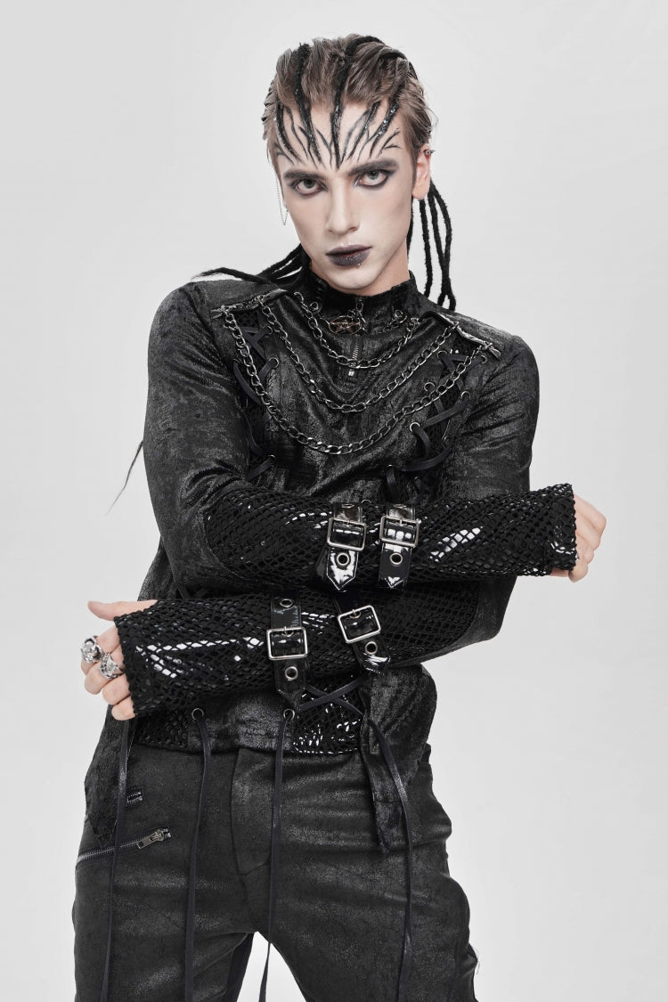 Black Stitching Lace-Up Mesh Chain Men's Punk Blouse - Product - 10