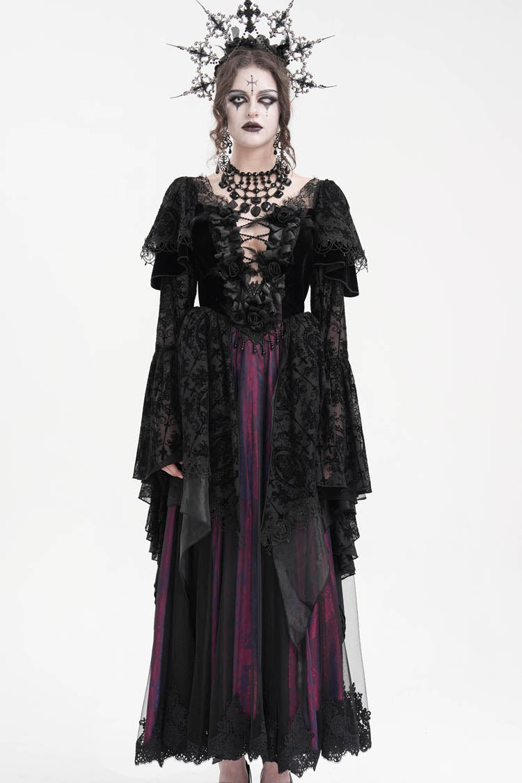 Black/Purple Crochet Long Sleeves Hanayome Lace Women's Gothic Dress - Product - 5